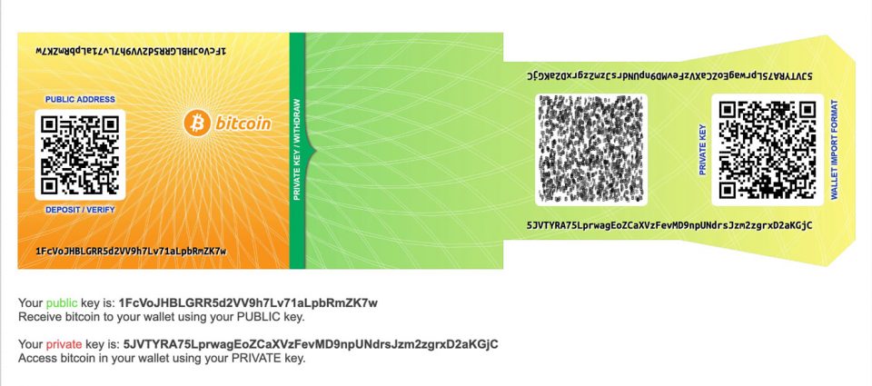 Esempio di un paper wallet per bitcoin