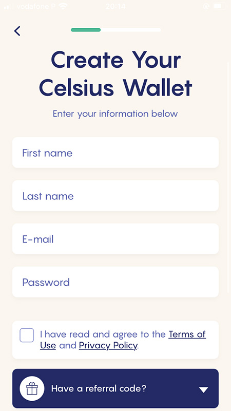 Creazione account Celsius Network