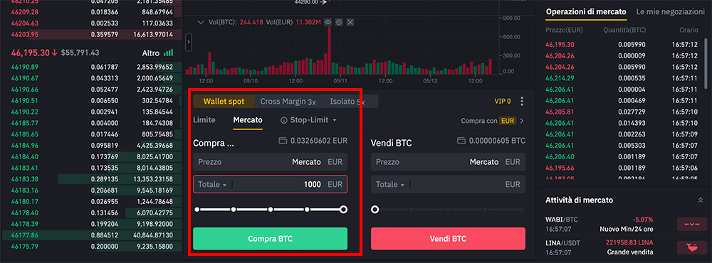 Schermata di acquisto bitcoin