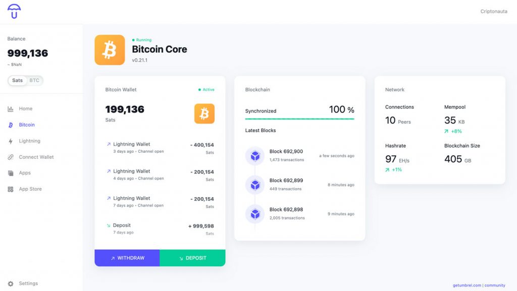 Dashboard del nodo bitcoin