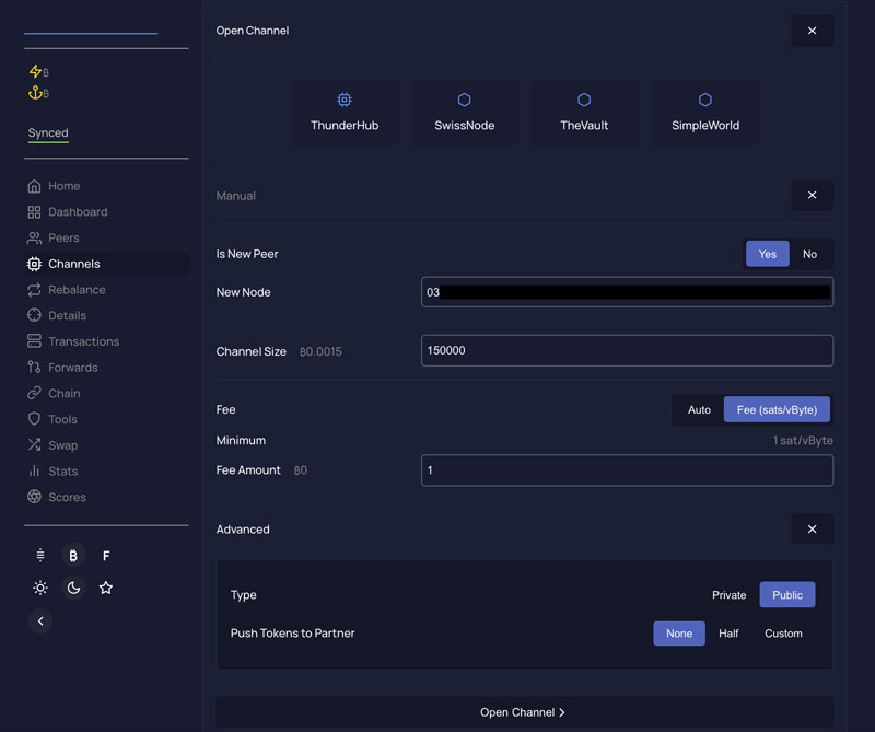 impostazioni su come aprire canale lightning network